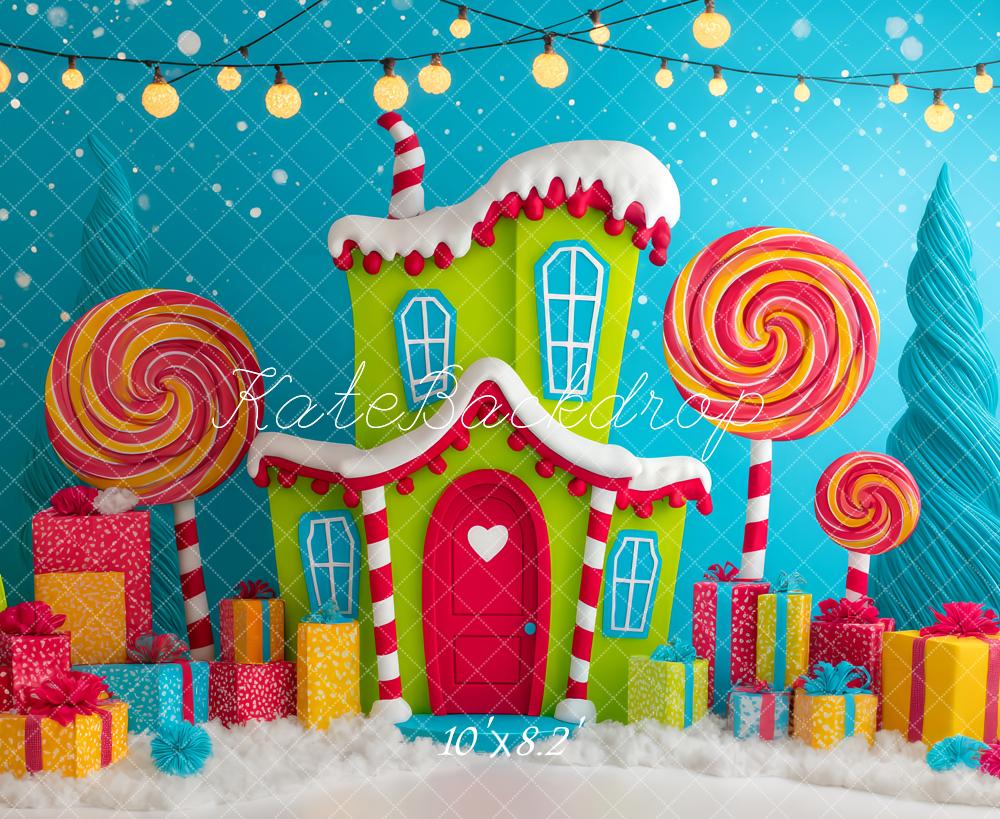 Kate Weihnachten Lebkuchenhaus Lollipops Bunt Hintergrund Entworfen von Patty Roberts - Kate Backdrop.de
