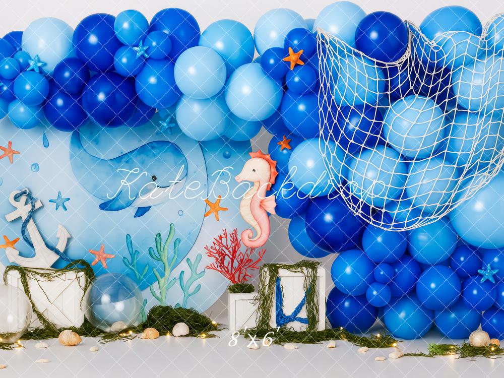 Kate Meer Ballons Fischernetz Blau Hintergrund Entworfen von Patty Roberts - Kate Backdrop.de