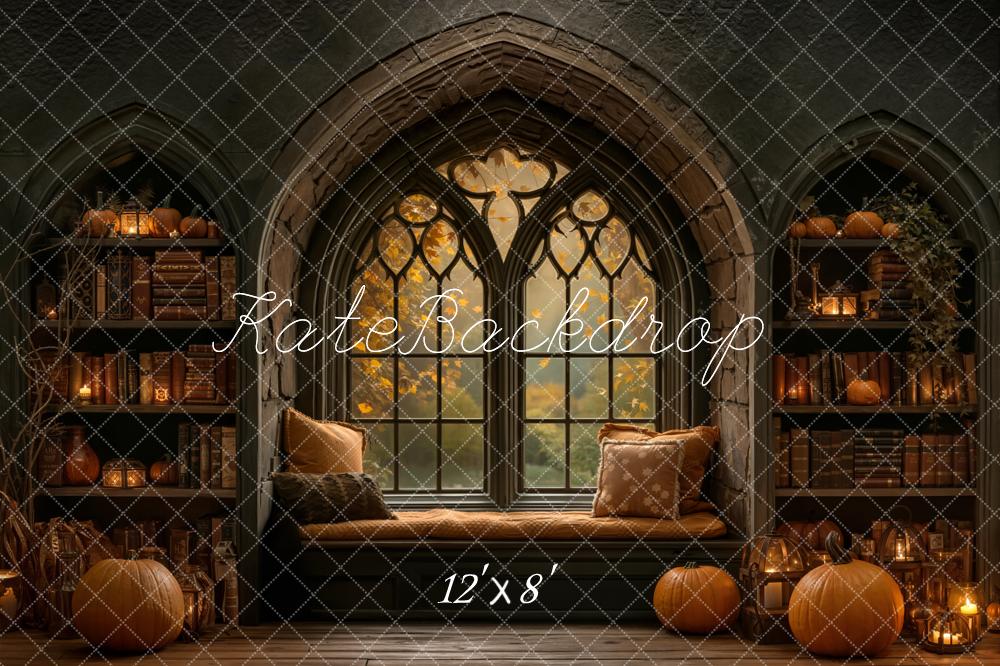 Kate Halloween Fenster Bücher Kürbisse Fleece Hintergrund Entworfen von Emetselch - Kate Backdrop.de