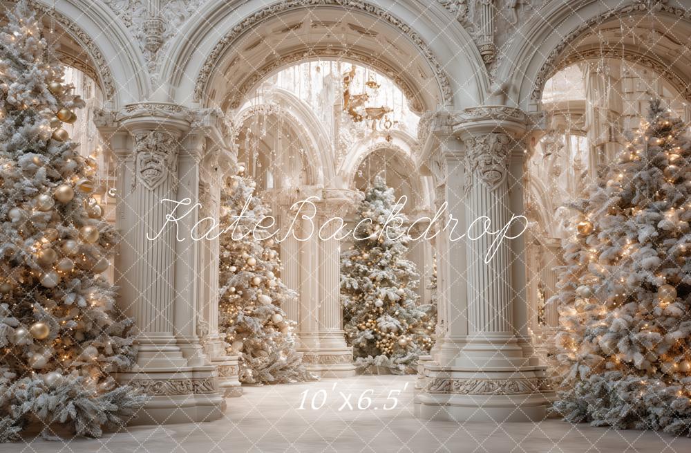 Kate Weihnachten Palast Weihnachtsbäume Weiß Hintergrund Entworfen von Ashley Paul - Kate Backdrop.de