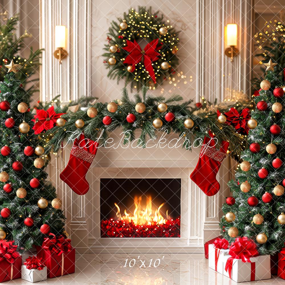 Kate Weihnachten Kamin Weihnachtsbaum Rot Gold Hintergrund Entworfen von Mini MakeBelieve - Kate Backdrop.de