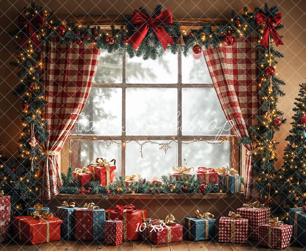 Kate Weihnachten Fenster Geschenke Tannenzweige Fleece Hintergrund Entworfen von Emetselch - Kate Backdrop.de