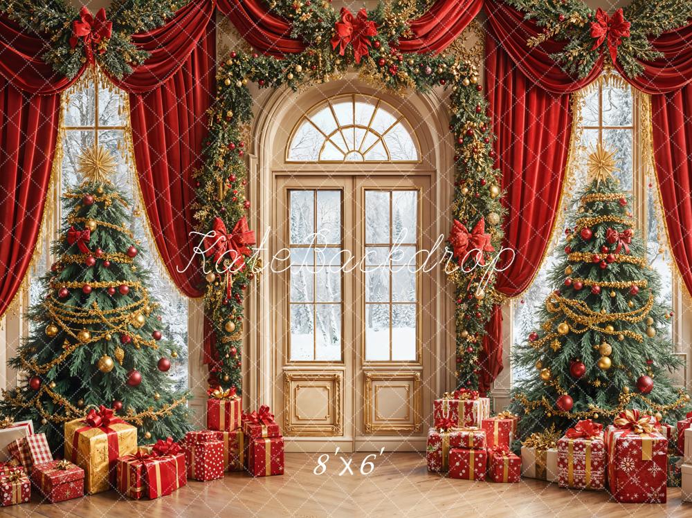 Kate Weihnachten Tannenbäume Geschenke Rot Hintergrund Entworfen von Emetselch - Kate Backdrop.de