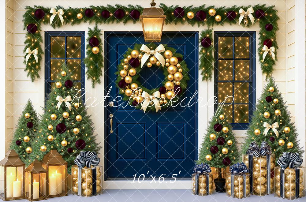 Kate Weihnachten Blaue Tür Geschenke Girlande Hintergrund Entworfen von Mini MakeBelieve - Kate Backdrop.de