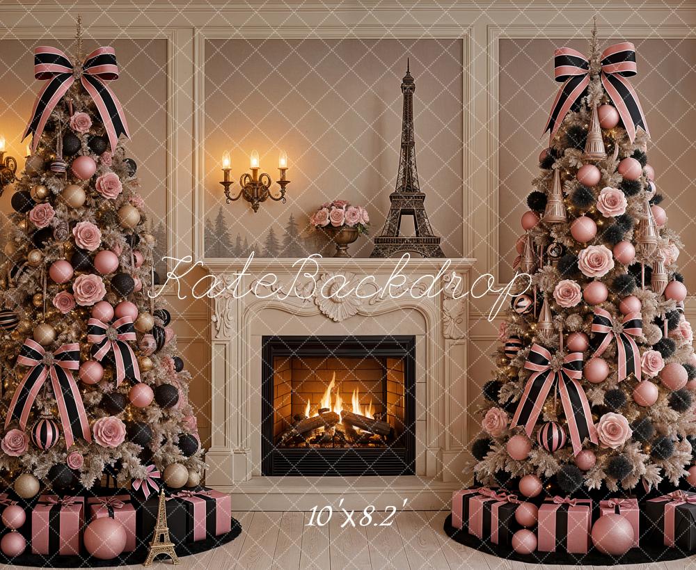 Kate Weihnachten Kamin Weihnachtsbaum Paris Rosa Hintergrund Entworfen von Ashley Paul - Kate Backdrop.de
