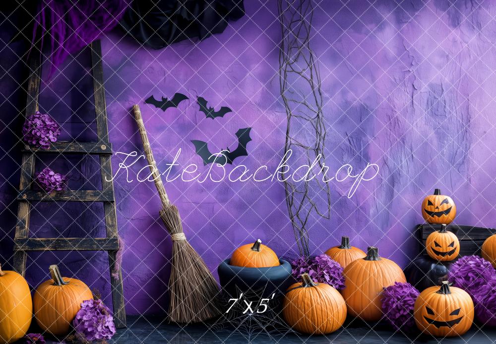 Kate Halloween Kürbisse Fledermäuse Lila Hintergrund Entworfen von Patty Roberts - Kate Backdrop.de