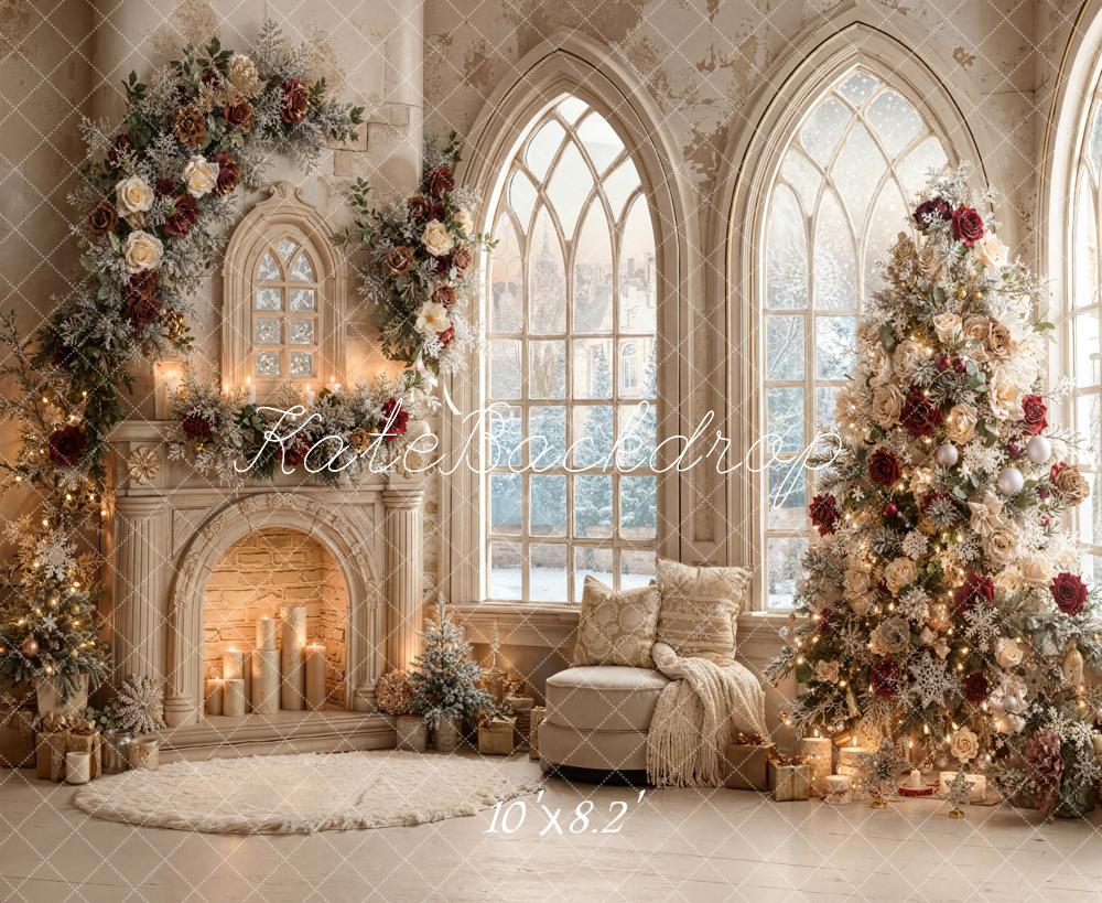 Kate Weihnachten Kamin Baum Beige Hintergrund Entworfen von Emetselch - Kate Backdrop.de