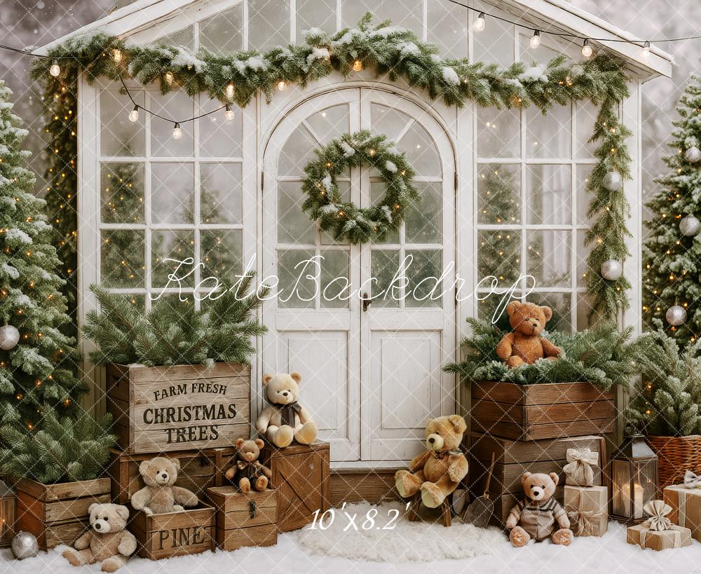 Kate Weihnachten Teddybären Geschenkboxen Winterhaus Hintergrund Entworfen von Patty Roberts - Kate Backdrop.de