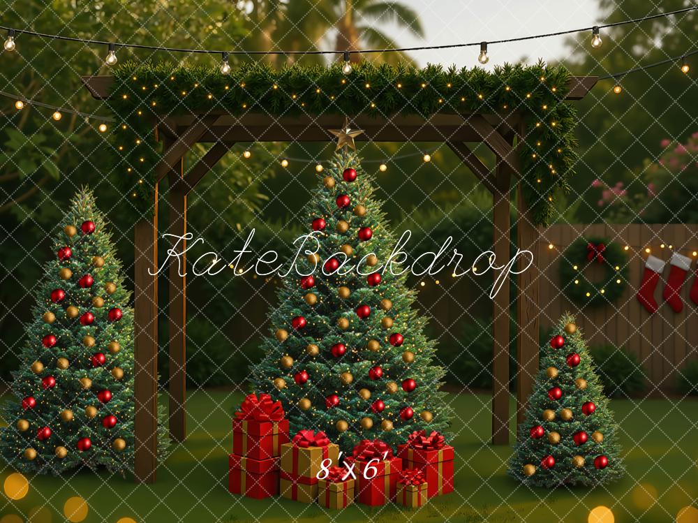 Kate Weihnachten Tannenbäume Geschenkboxen Lichter Hintergrund Entworfen von Mini MakeBelieve - Kate Backdrop.de