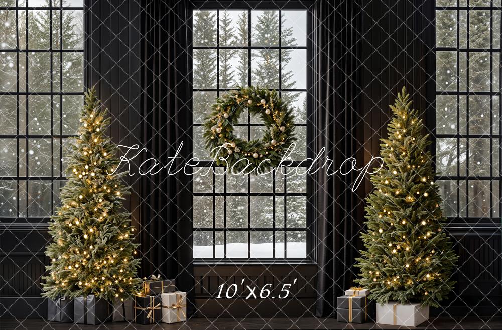 Kate Weihnachten Tannenbäume Fenster Kranz Schwarz Hintergrund Entworfen von Emetselch