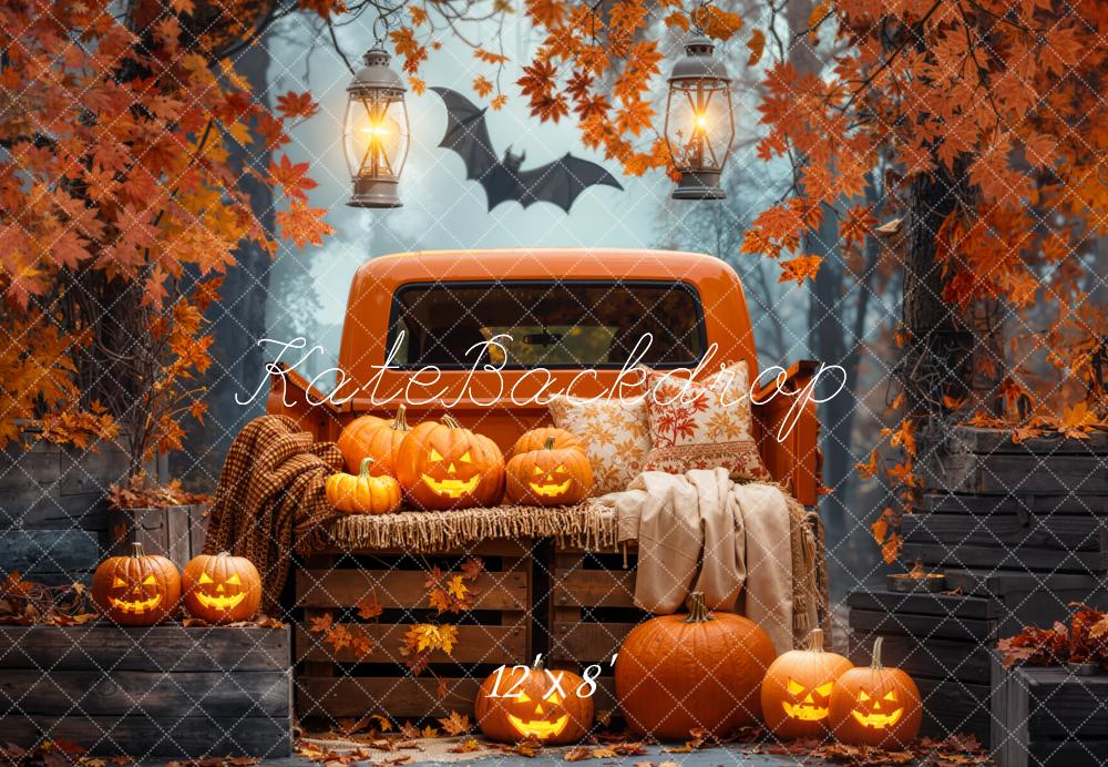 Kate Halloween Kürbisse Pickup Herbstlaub Fleece Hintergrund Entworfen von Emetselch - Kate Backdrop.de