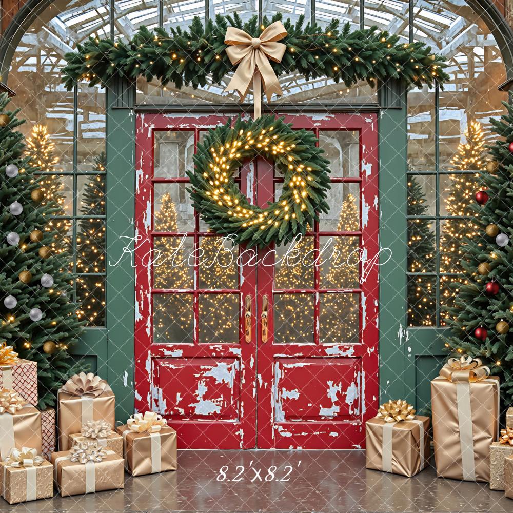 Kate Weihnachten Rote Tür Tannen Vintage Hintergrund Entworfen von Mini MakeBelieve - Kate Backdrop.de