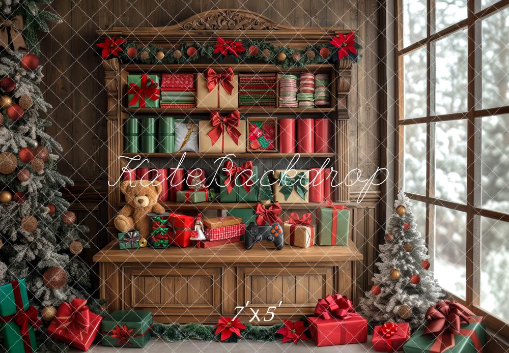 Kate Weihnachten Geschenke Schrank Braun Hintergrund Entworfen von Mini MakeBelieve - Kate Backdrop.de