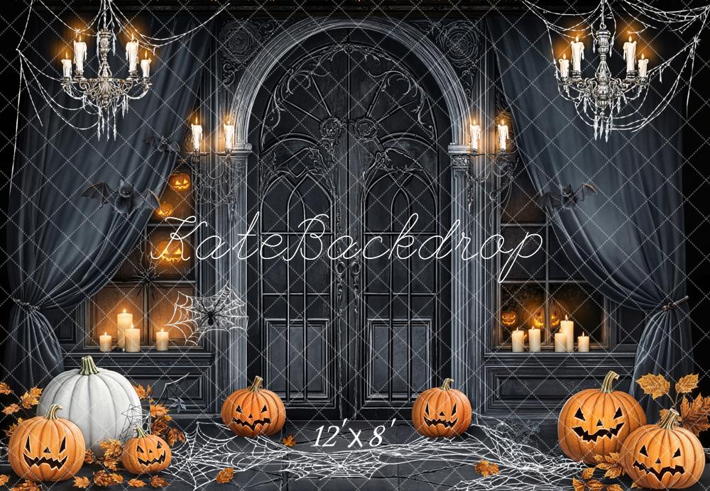 Kate Halloween Kürbisse Spinnweben Grau Fleece Hintergrund Entworfen von Chain - Kate Backdrop.de