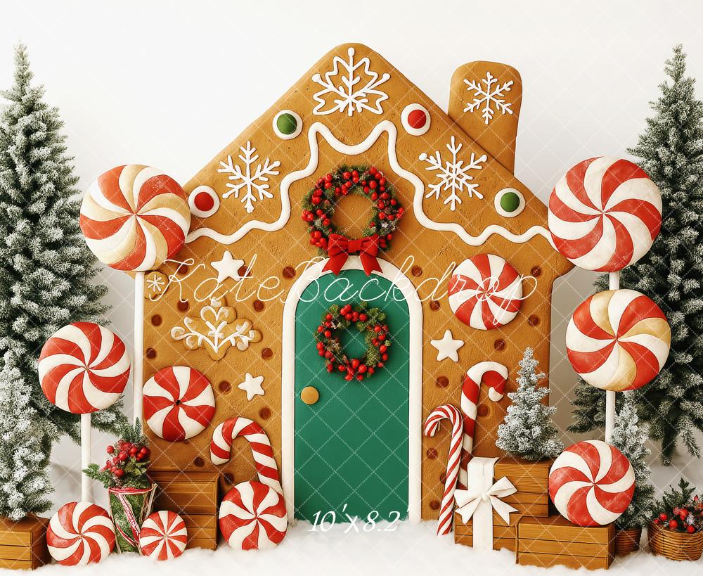 Kate Weihnachten Lebkuchenhaus Lollipops Schnee Hintergrund Entworfen von Patty Roberts - Kate Backdrop.de