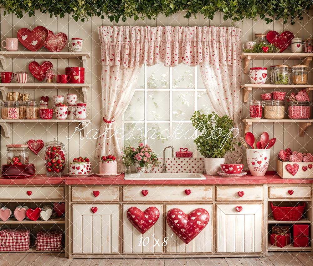 Kate Valentinstag Küche Herzen Rustikal Fleece Hintergrund Entworfen von Emetselch - Kate Backdrop.de