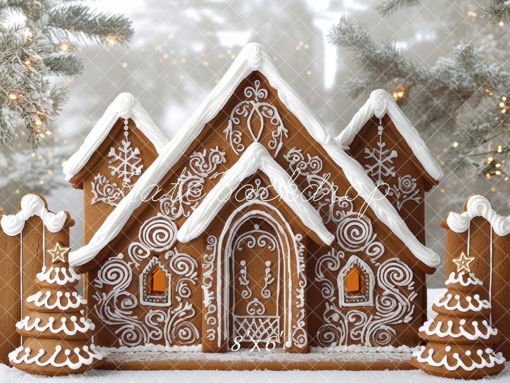 Kate Weihnachten Lebkuchenhaus Tannen Schnee Hintergrund Entworfen von Mini MakeBelieve - Kate Backdrop.de