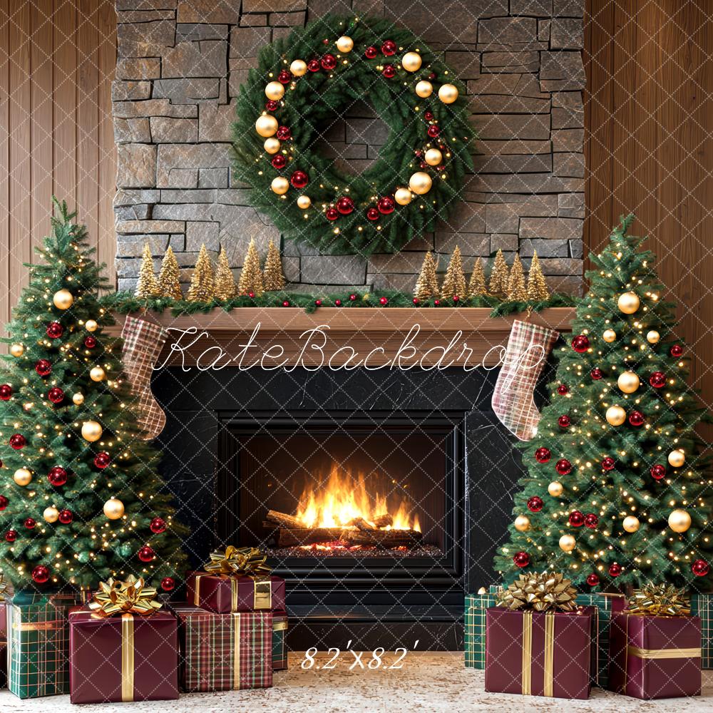 Kate Weihnachten Kamin Weihnachtsbaum Geschenke Hintergrund Entworfen von Mini MakeBelieve - Kate Backdrop.de
