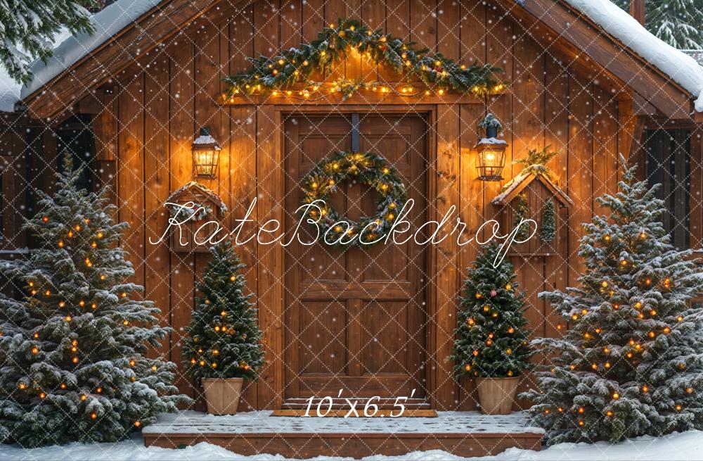 Kate Weihnachten Holzhaus Schneetannen Warmlicht Hintergrund Entworfen von Emetselch