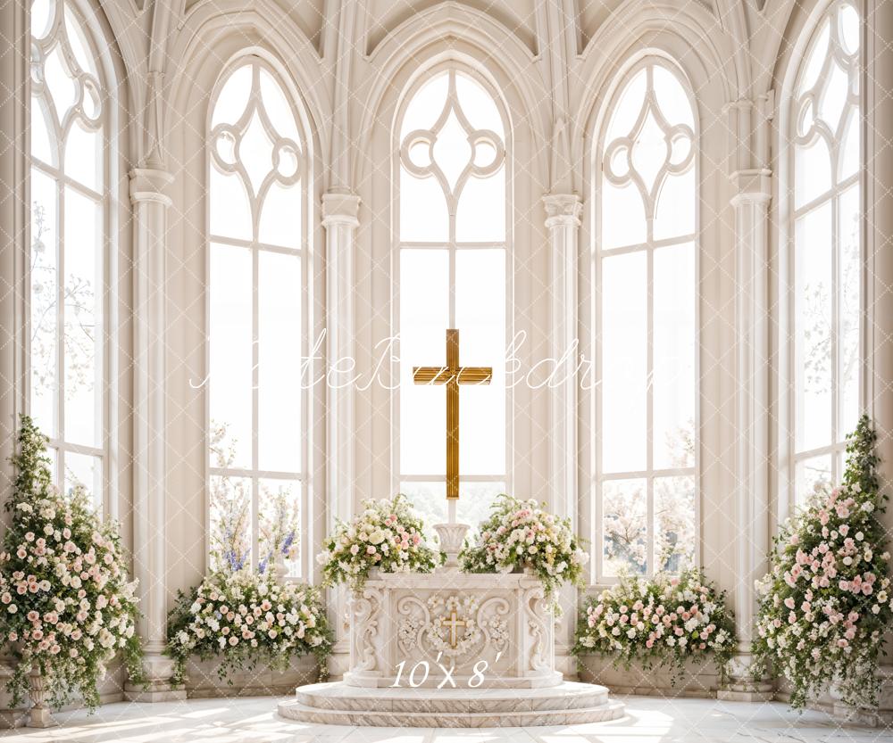 Kate Hochzeit Kirche Kreuz Blumen Elegant Hintergrund Entworfen von Emetselch - Kate Backdrop.de