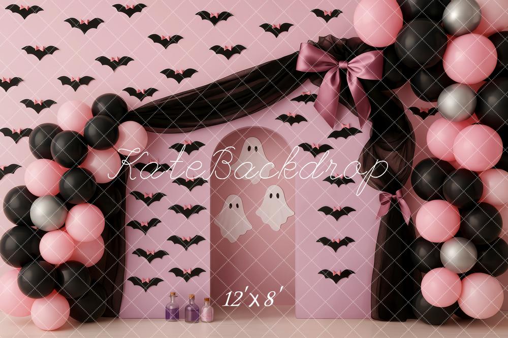 Kate Halloween Ballons Fledermäuse Rosa Hintergrund Entworfen von Patty Roberts - Kate Backdrop.de