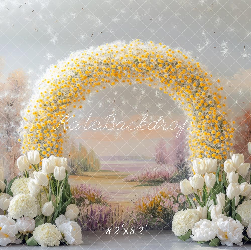 Kate Frühling Blumenbogen Weiß Gelb Hintergrund Entworfen von Mini MakeBelieve