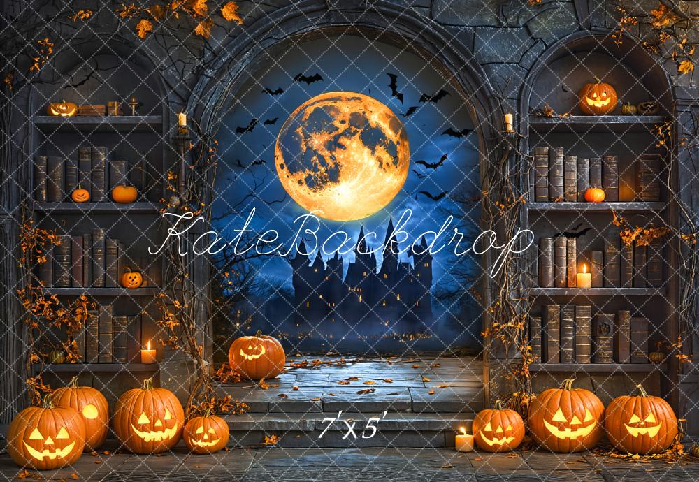 Kate Halloween Kürbisse Vollmond Bücherregal Hintergrund Entworfen von Emetselch - Kate Backdrop.de
