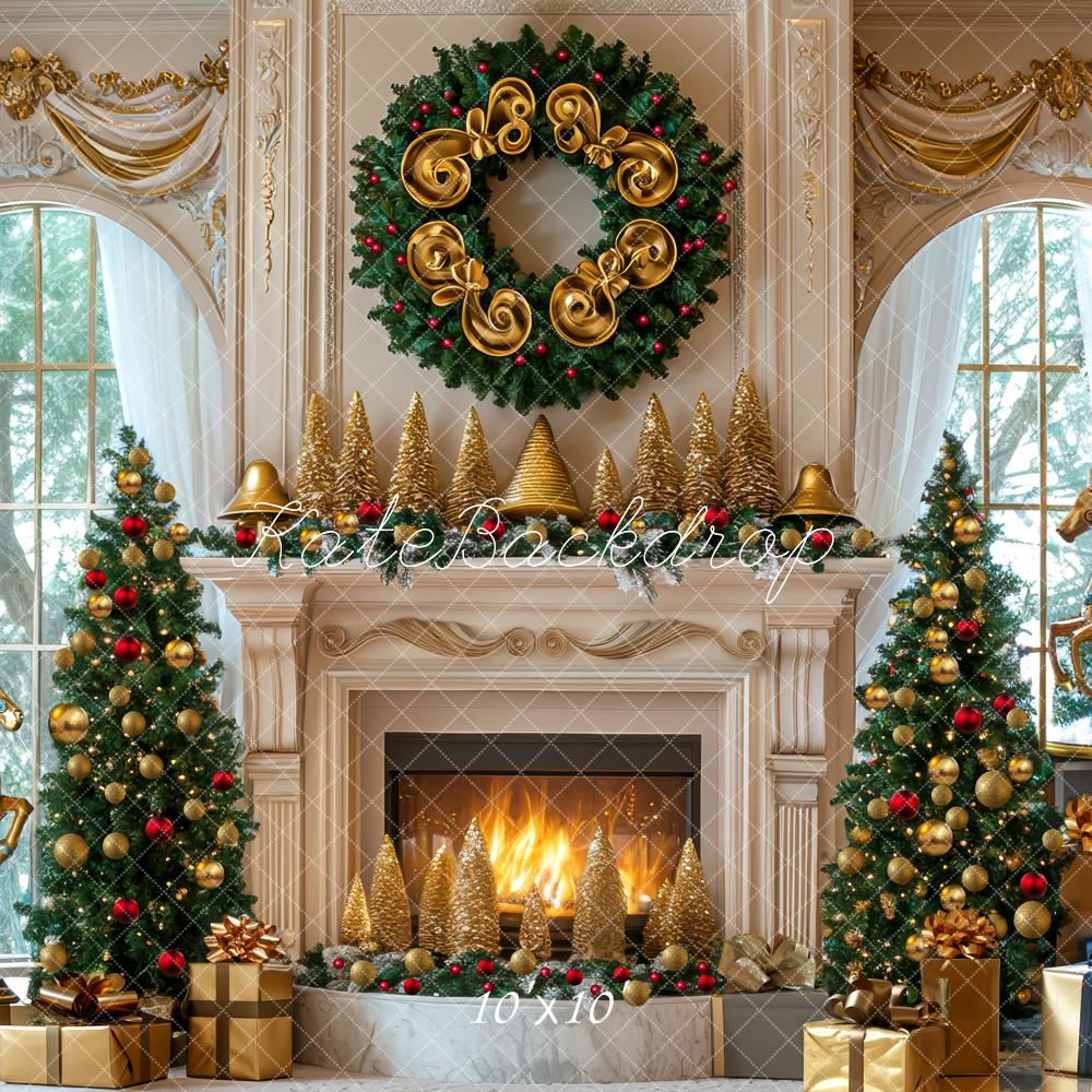 Kate Weihnachten Kamin Tannenbäume Gold Hintergrund Entworfen von Mini MakeBelieve - Kate Backdrop.de