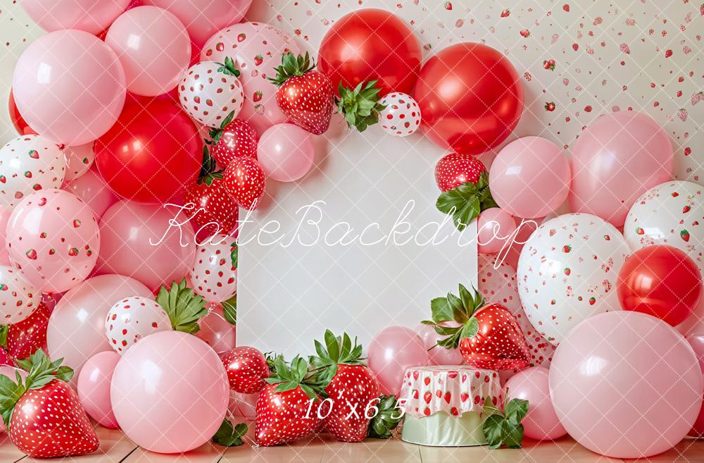 Kate Geburtstag Erdbeeren Luftballons Rosa Hintergrund Entworfen von Emetselch - Kate Backdrop.de