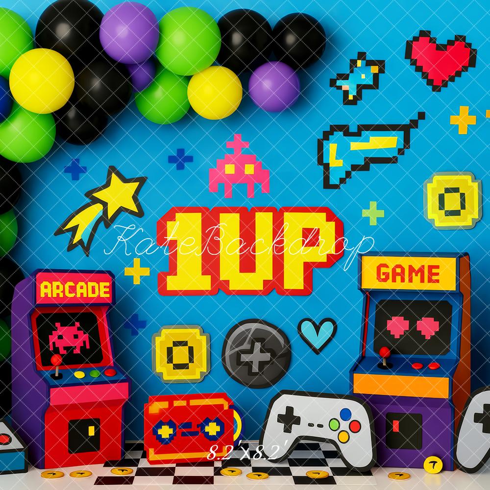 Kate Arcade Spielkonsole Pixel Blau Hintergrund Entworfen von Patty Roberts - Kate Backdrop.de