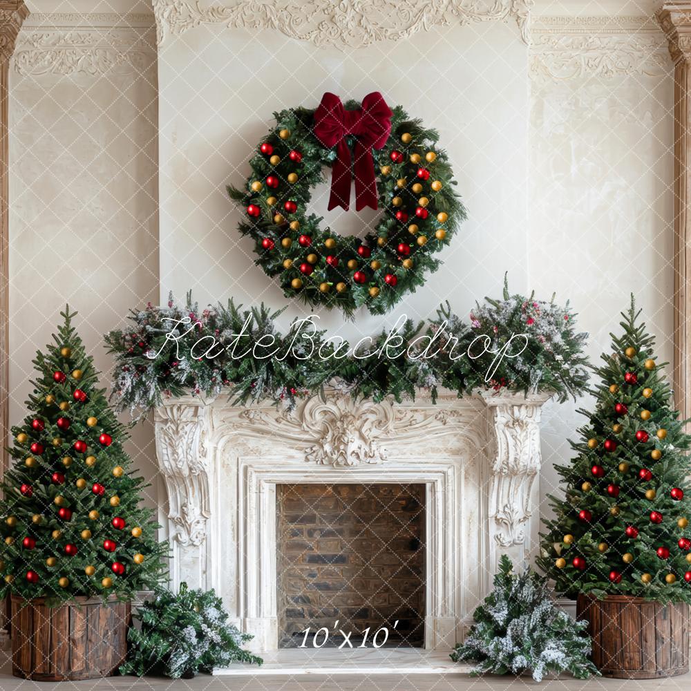 Kate Weihnachten Kamin Kranz Tannenbäume Hintergrund Entworfen von Mini MakeBelieve - Kate Backdrop.de