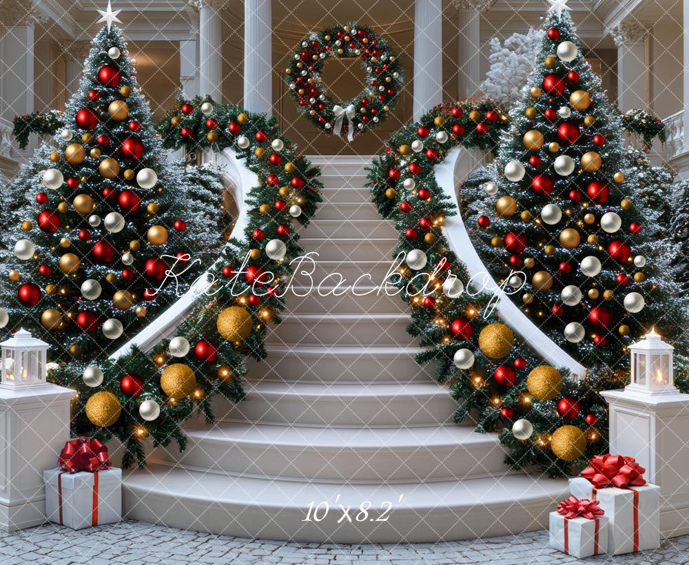 Kate Weihnachten Treppe Weihnachtsbaum Geschenke Hintergrund Entworfen von Mini MakeBelieve - Kate Backdrop.de