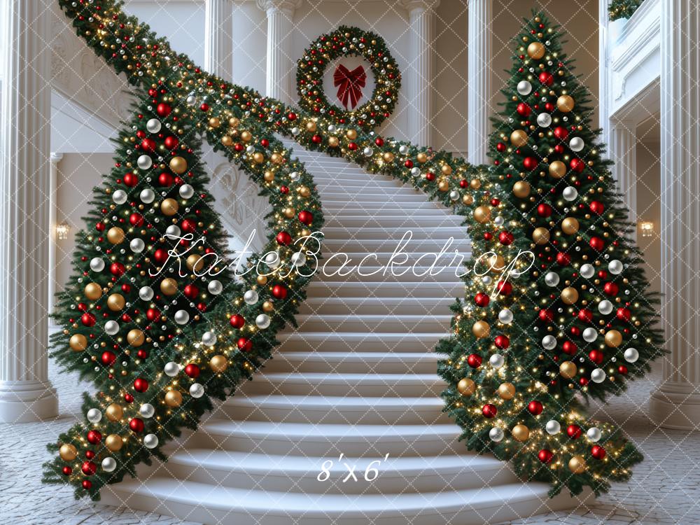 Kate Weihnachten Treppe Girlande Gold Rot Hintergrund Entworfen von Mini MakeBelieve - Kate Backdrop.de