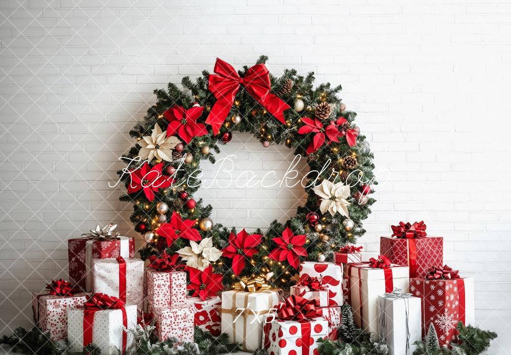 Kate Weihnachten Kranz Geschenke Rot Weiß Hintergrund Entworfen von Patty Roberts - Kate Backdrop.de