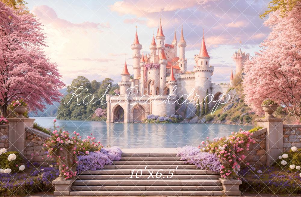 Kate Fantasy Schloss See Rosa Blüten Hintergrund Entworfen von Emetselch - Kate Backdrop.de