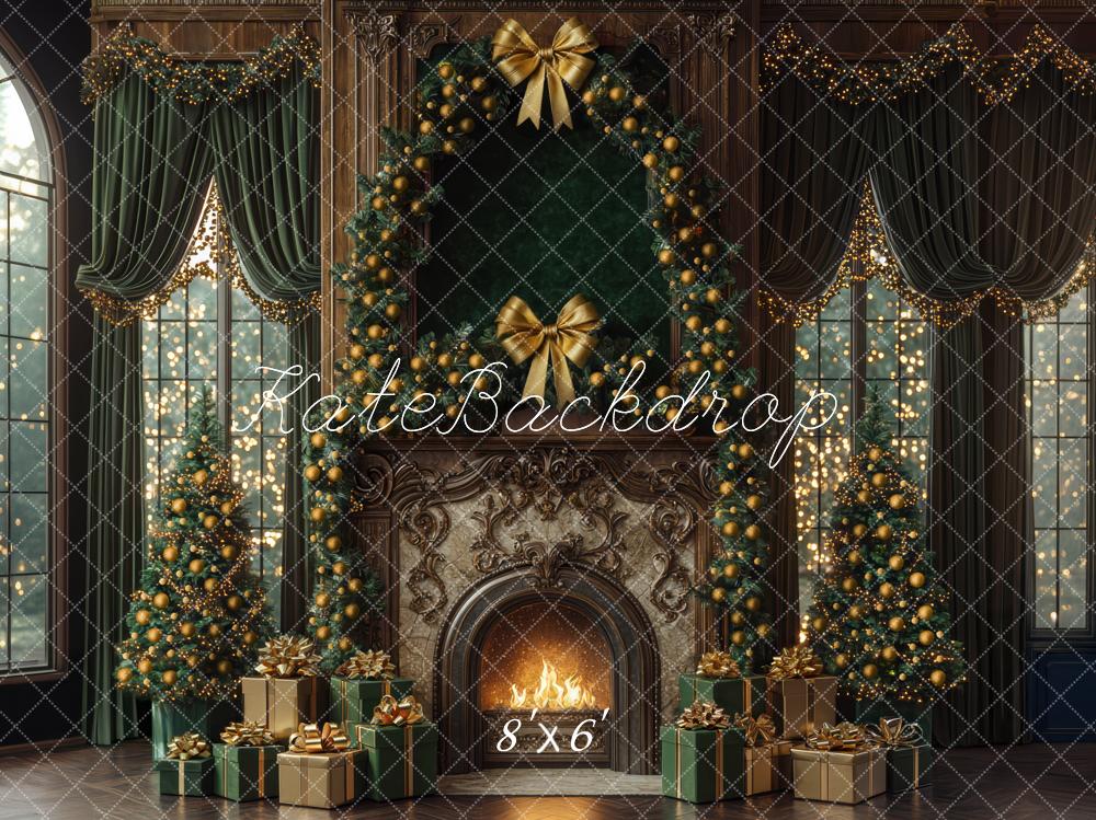 Kate Weihnachten Kamin Weihnachtsbaum Goldgrün Hintergrund Entworfen von Mini MakeBelieve - Kate Backdrop.de