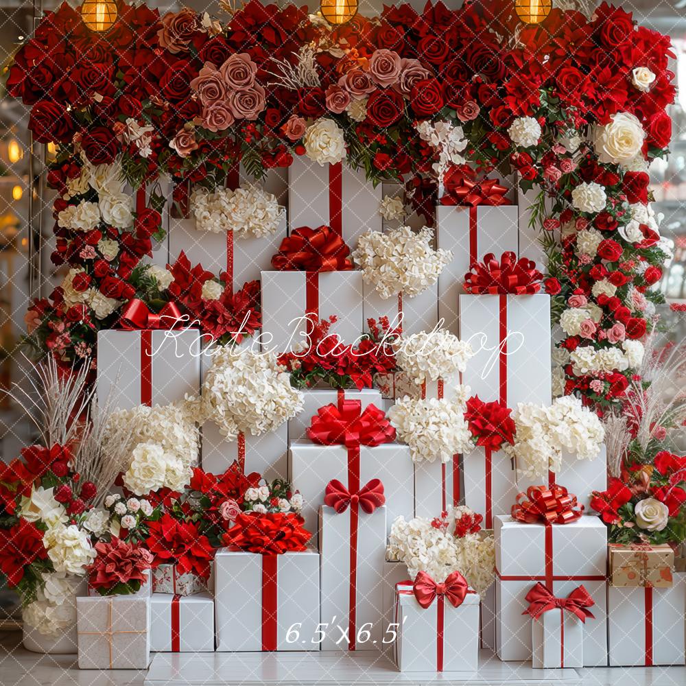 Kate Weihnachten Geschenke Blumen Rot Weiß Hintergrund Entworfen von Mini MakeBelieve - Kate Backdrop.de