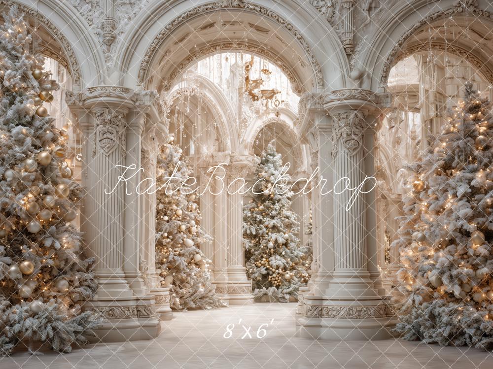 Kate Weihnachten Palast Weihnachtsbäume Weiß Hintergrund Entworfen von Ashley Paul - Kate Backdrop.de