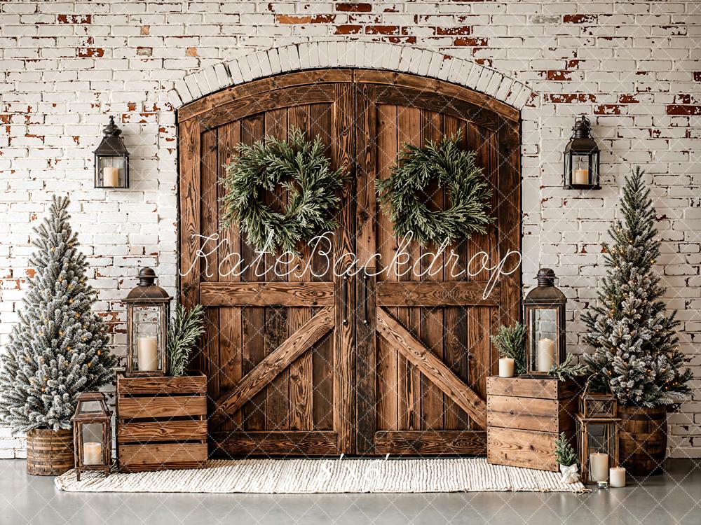 Kate Weihnachten Holz Tür Kränze Rustikal Hintergrund Entworfen von Emetselch - Kate Backdrop.de