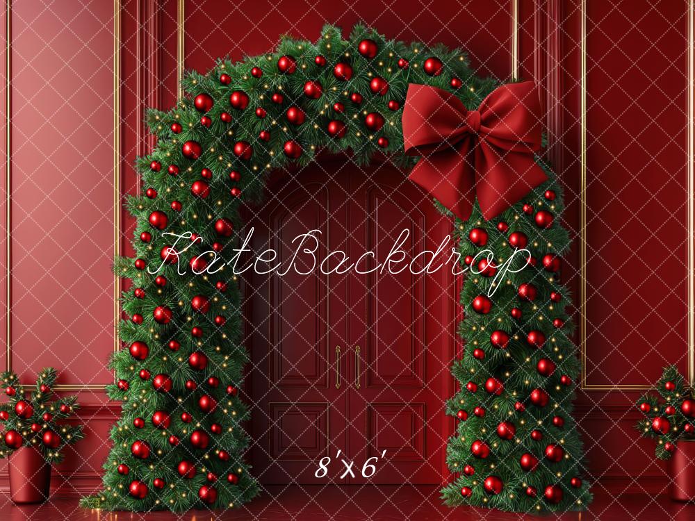 Kate Weihnachten Blumenbogen Tannenzweige Rot Hintergrund Entworfen von Mini MakeBelieve - Kate Backdrop.de