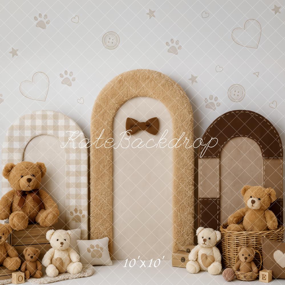 Kate Teddybär Plüschtiere Bögen Beige Hintergrund Entworfen von Patty Roberts - Kate Backdrop.de
