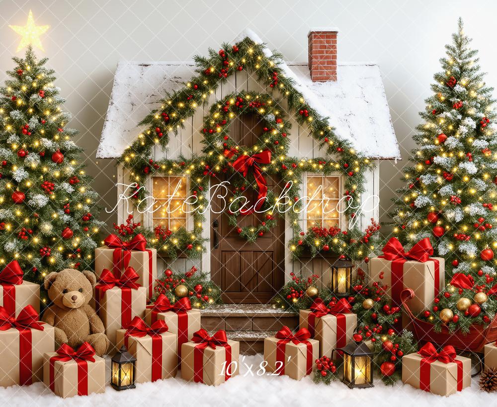 Kate Weihnachten Haus Geschenkboxen Weihnachtsbäume Hintergrund Entworfen von Patty Roberts - Kate Backdrop.de