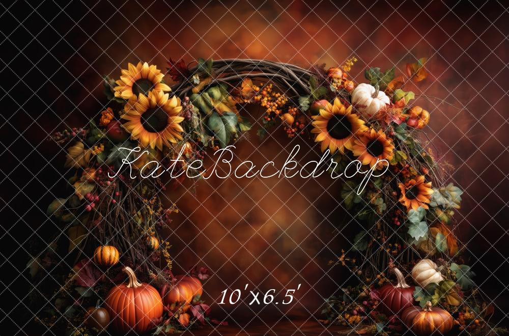 Kate Herbst Kürbis Sonnenblumen Kranz Braun Hintergrund Entworfen von Patty Roberts - Kate Backdrop.de