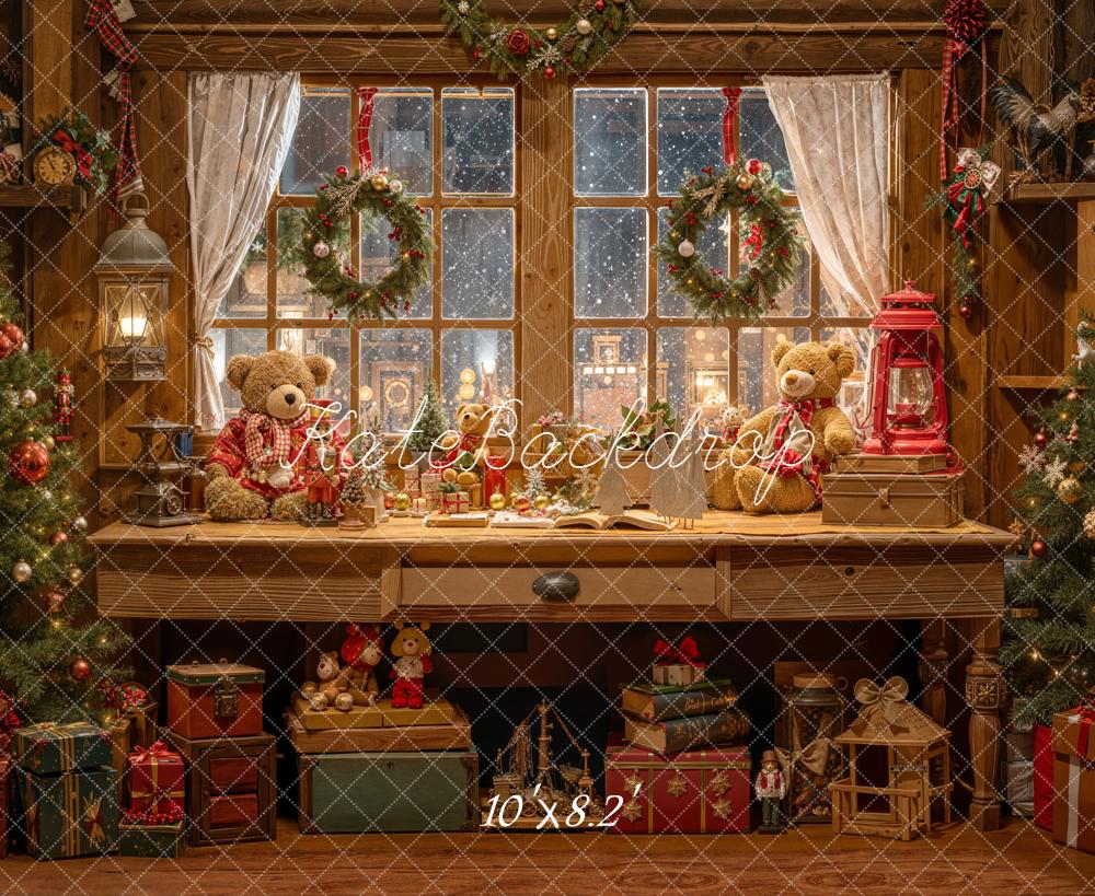 Kate Weihnachten Fenster Teddybären Holz Hintergrund Entworfen von Emetselch - Kate Backdrop.de