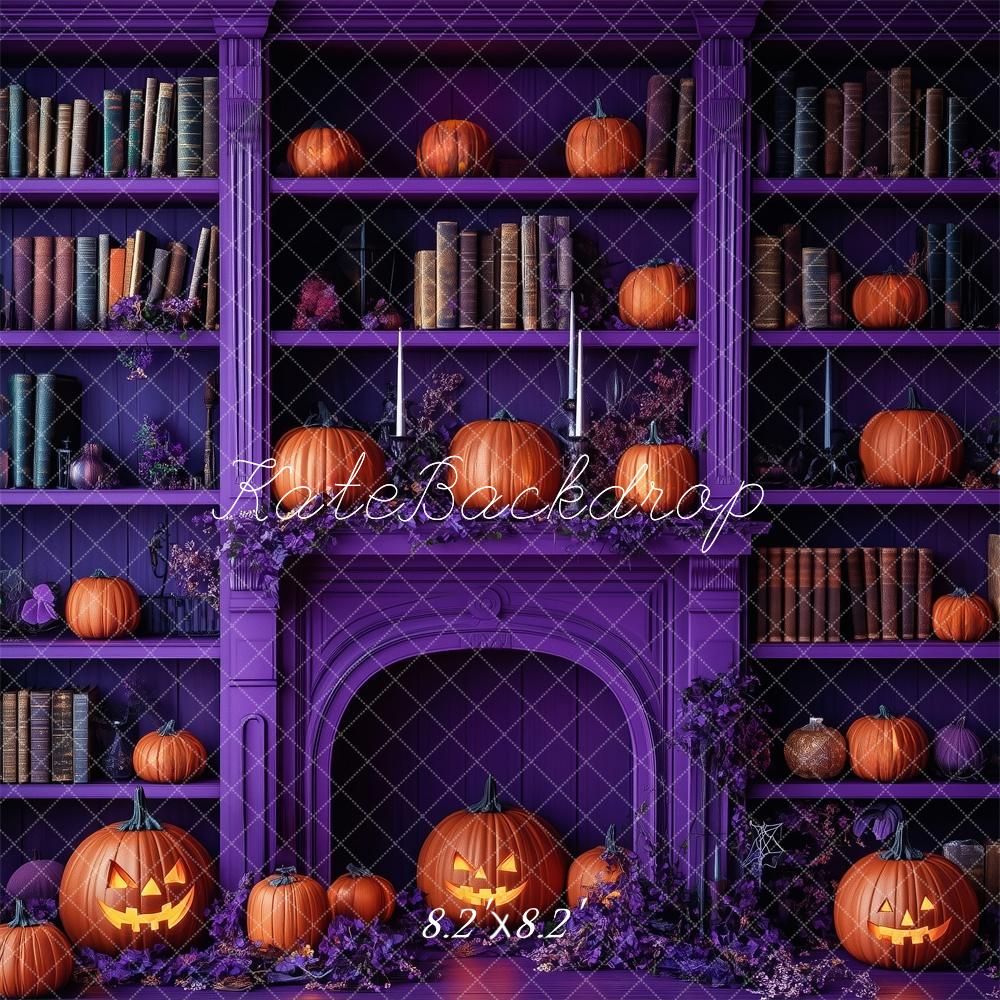 Kate Halloween Kürbisse Bücherregal Lila Hintergrund Entworfen von Patty Roberts - Kate Backdrop.de