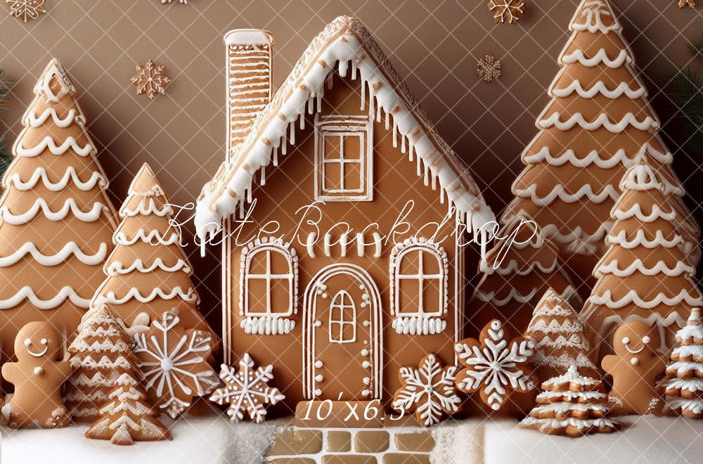 Kate Weihnachten Lebkuchenhaus Tannen Schneeflocken Hintergrund Entworfen von Mandy Ringe