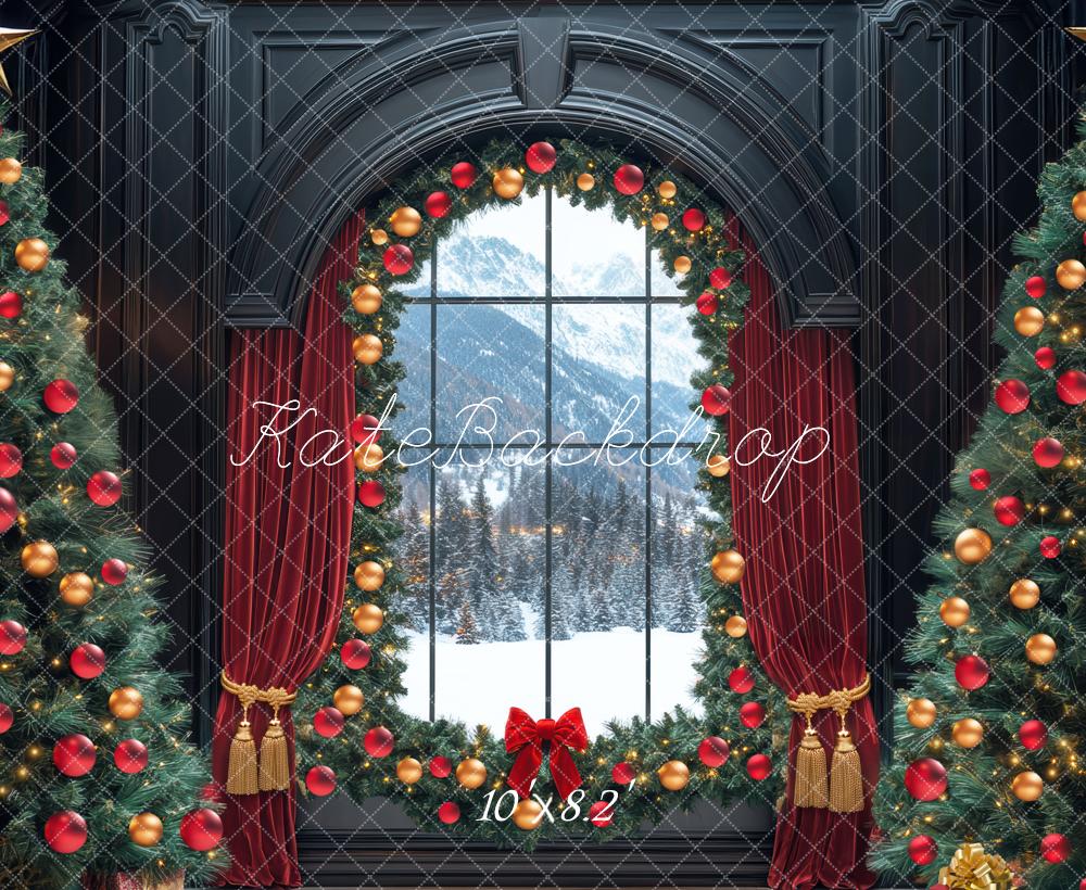 Kate Weihnachten Fenster Tannenbaum Rot Gold Hintergrund Entworfen von Mini MakeBelieve - Kate Backdrop.de