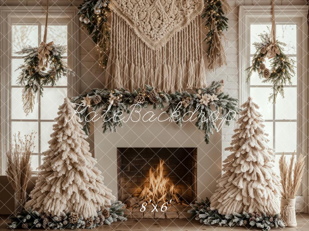 Kate Weihnachten Kamin Tannen Bäume Beige Hintergrund Entworfen von Emetselch