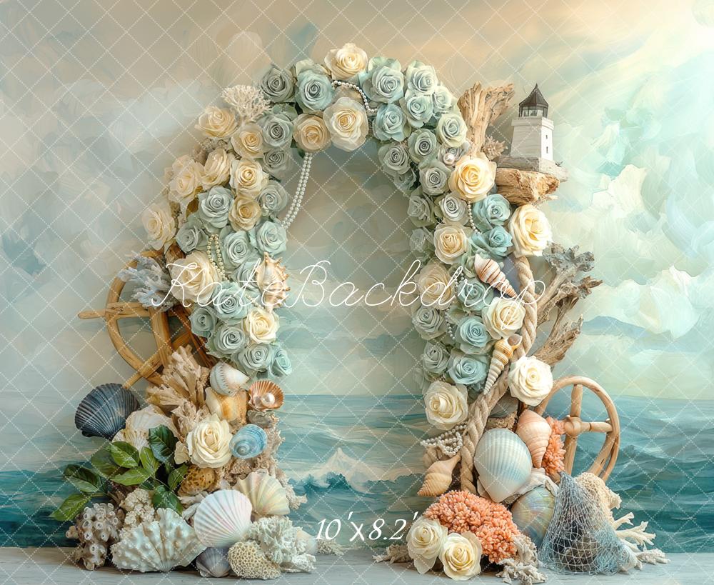 Kate Flower Bogen Muscheln Leuchtturm Pastell Hintergrund Entworfen von Mini MakeBelieve - Kate Backdrop.de