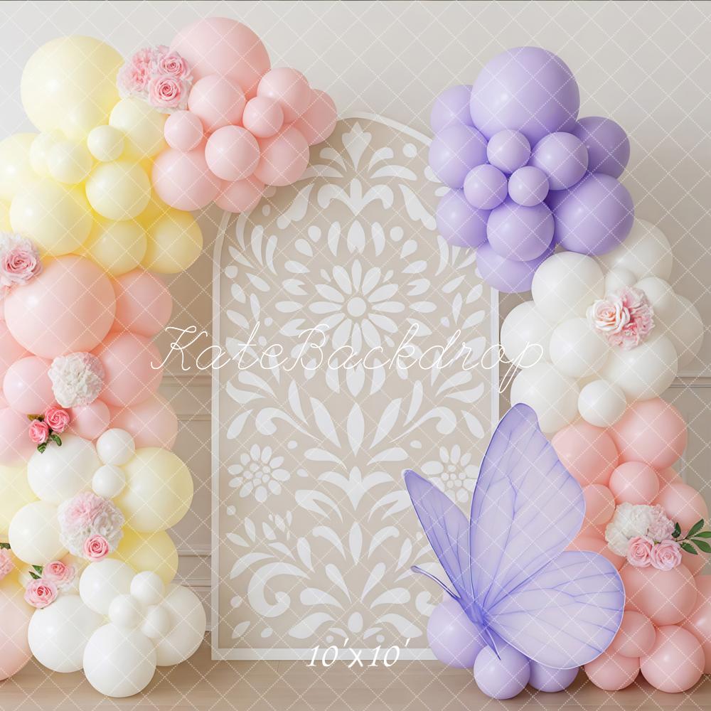 Kate Blumenbogen Ballons Schmetterling Pastell Hintergrund Entworfen von Mini MakeBelieve - Kate Backdrop.de